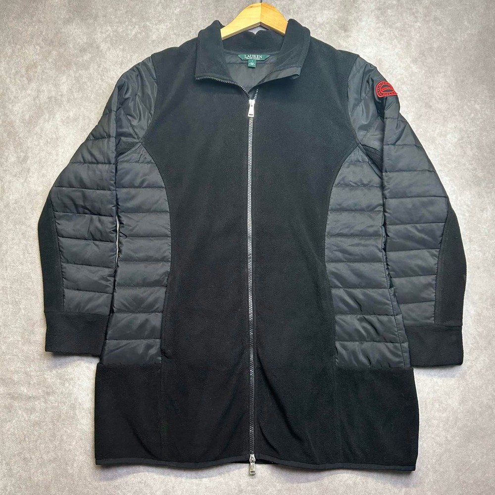 Lauren Ralph Lauren Black Hybrid Puffer Fleece Full Zip Jacket LRL Crest Large